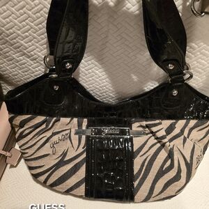 GUESS Zebra Print Shoulder Bag in Black and Tan